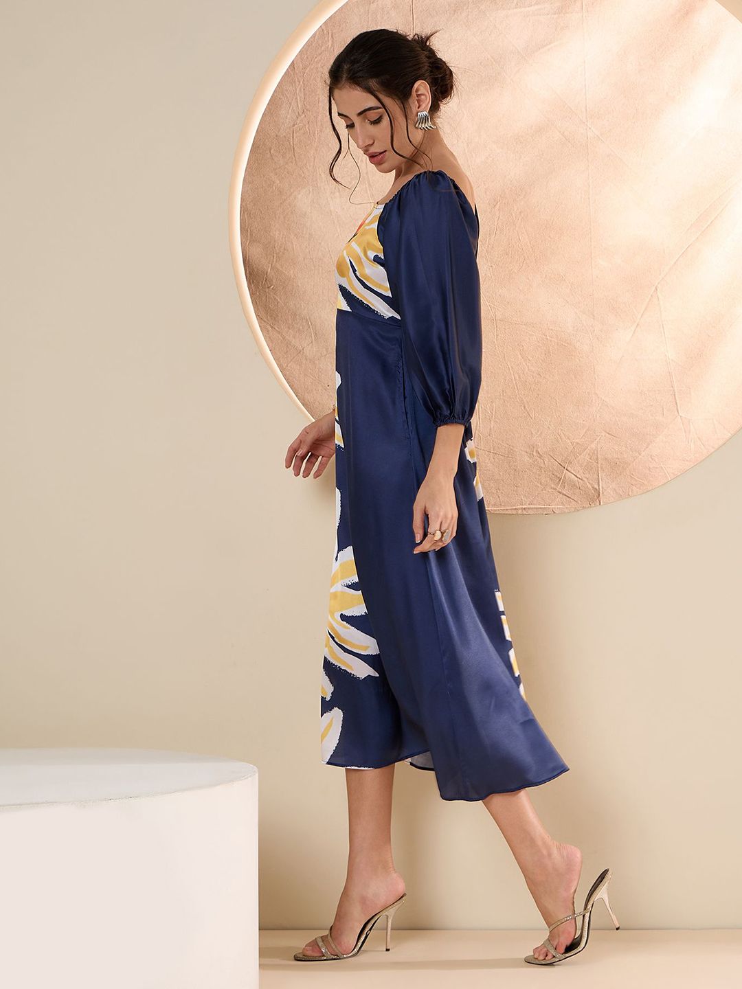 Antheaa Floral Printed Satin A-Line Midi Dress