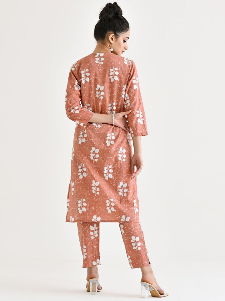 Rustorange Buta Printed Embroidered Neckline Detail Pure Cotton Tunic With Trouser Co-Ords