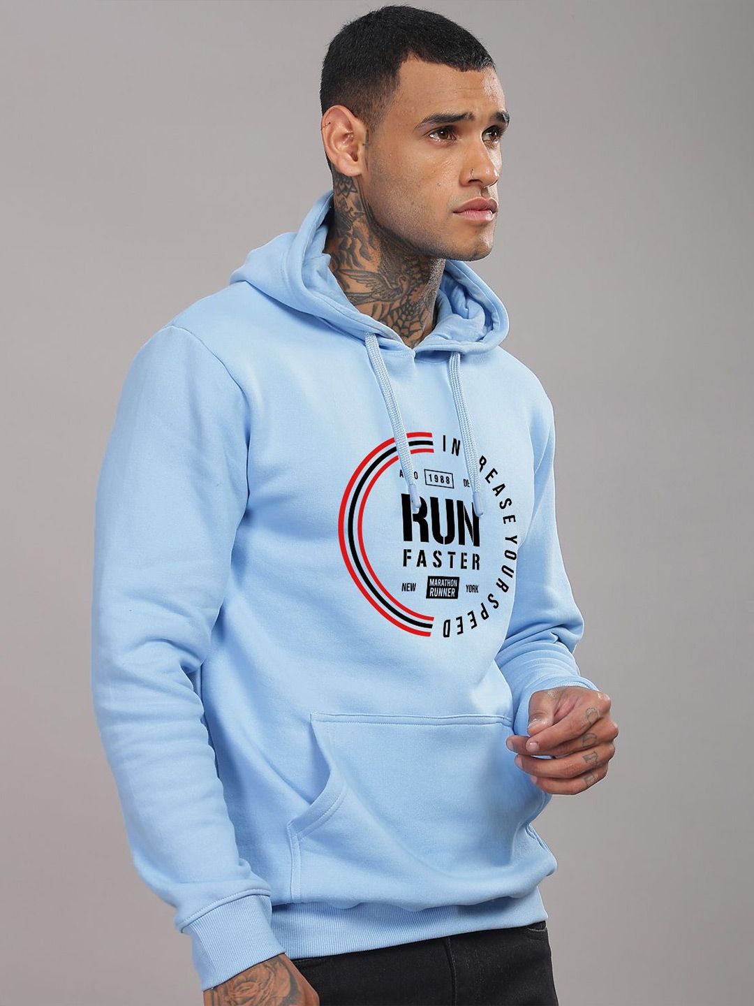 ADRO Men Typography Printed Hood Cotton Pullover Sweatshirt
