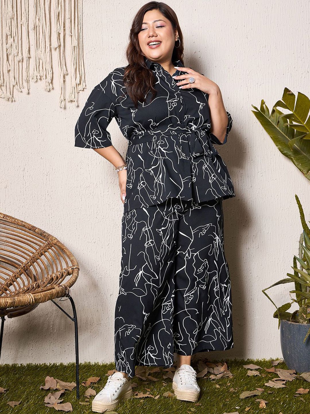 Berrylush Curve Printed Shirt & Belt With Palazzo