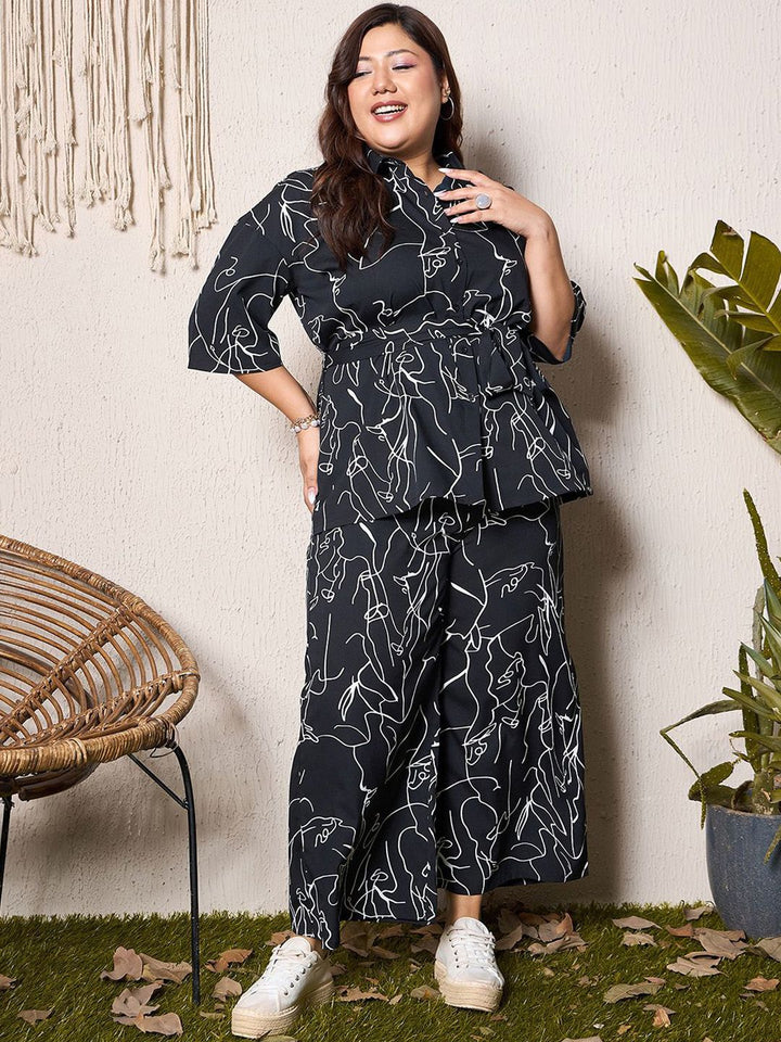 Berrylush Curve Printed Shirt & Belt With Palazzo