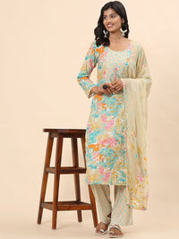 Mamicha Women Floral Printed Regular Pure Cotton Kurta with Trousers & With Dupatta