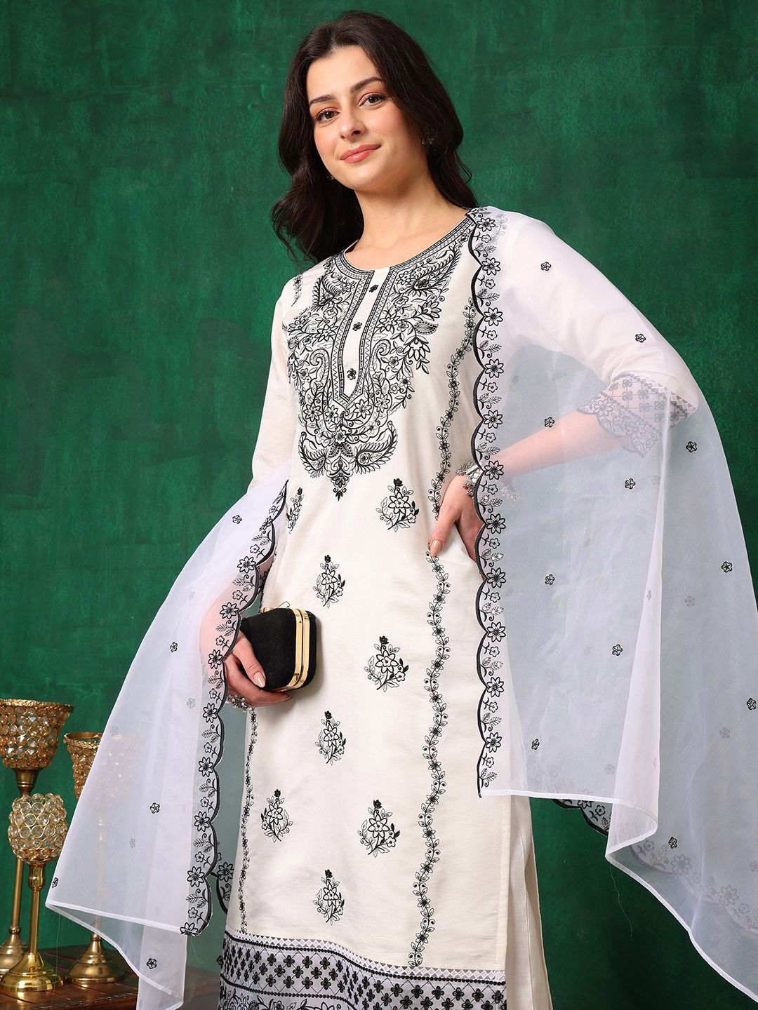 KALINI Women Embroidered Regular Thread Work Chanderi Cotton Kurta with Trousers & With Dupatta