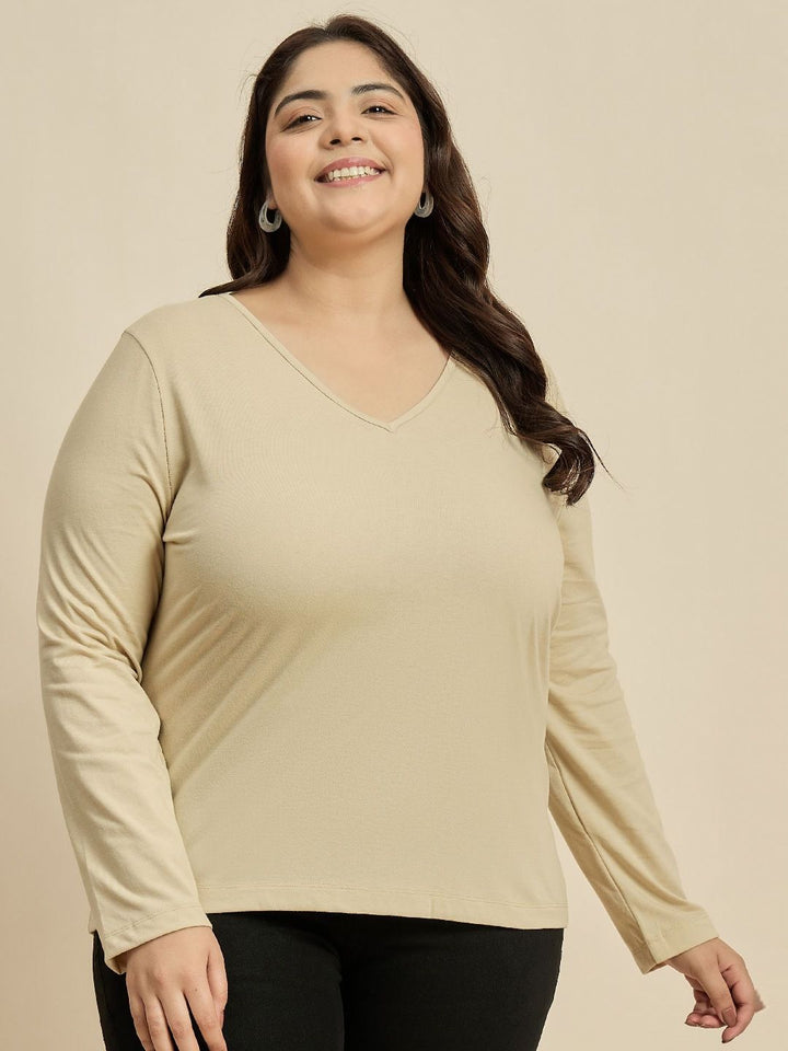CURVY STREET Women Solid V-Neck Cotton Plus Size T-shirt