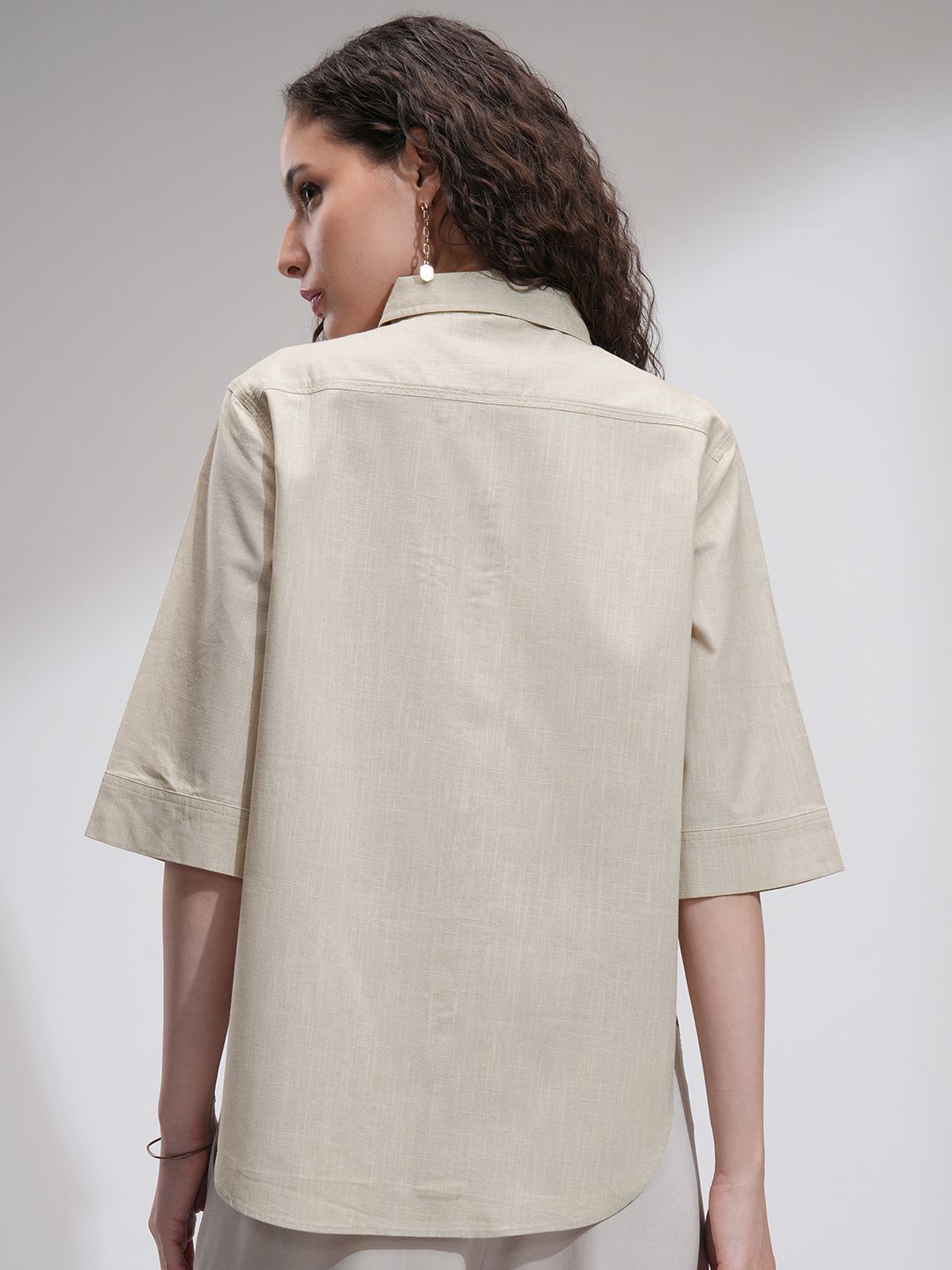 Tokyo Talkies Women Solid Button Down Longline Cotton Shirt