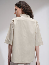 Tokyo Talkies Women Solid Button Down Longline Cotton Shirt