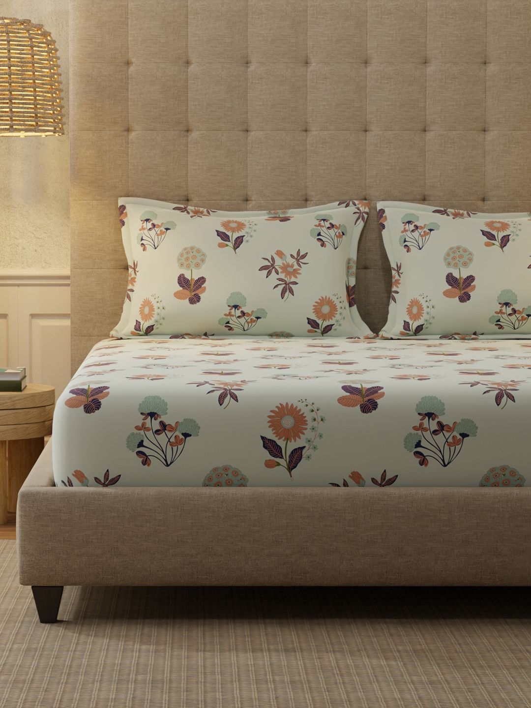 URBAN SPACE Grey Floral 200 TC Cotton King Bedsheet Set 2.74m x 2.74m