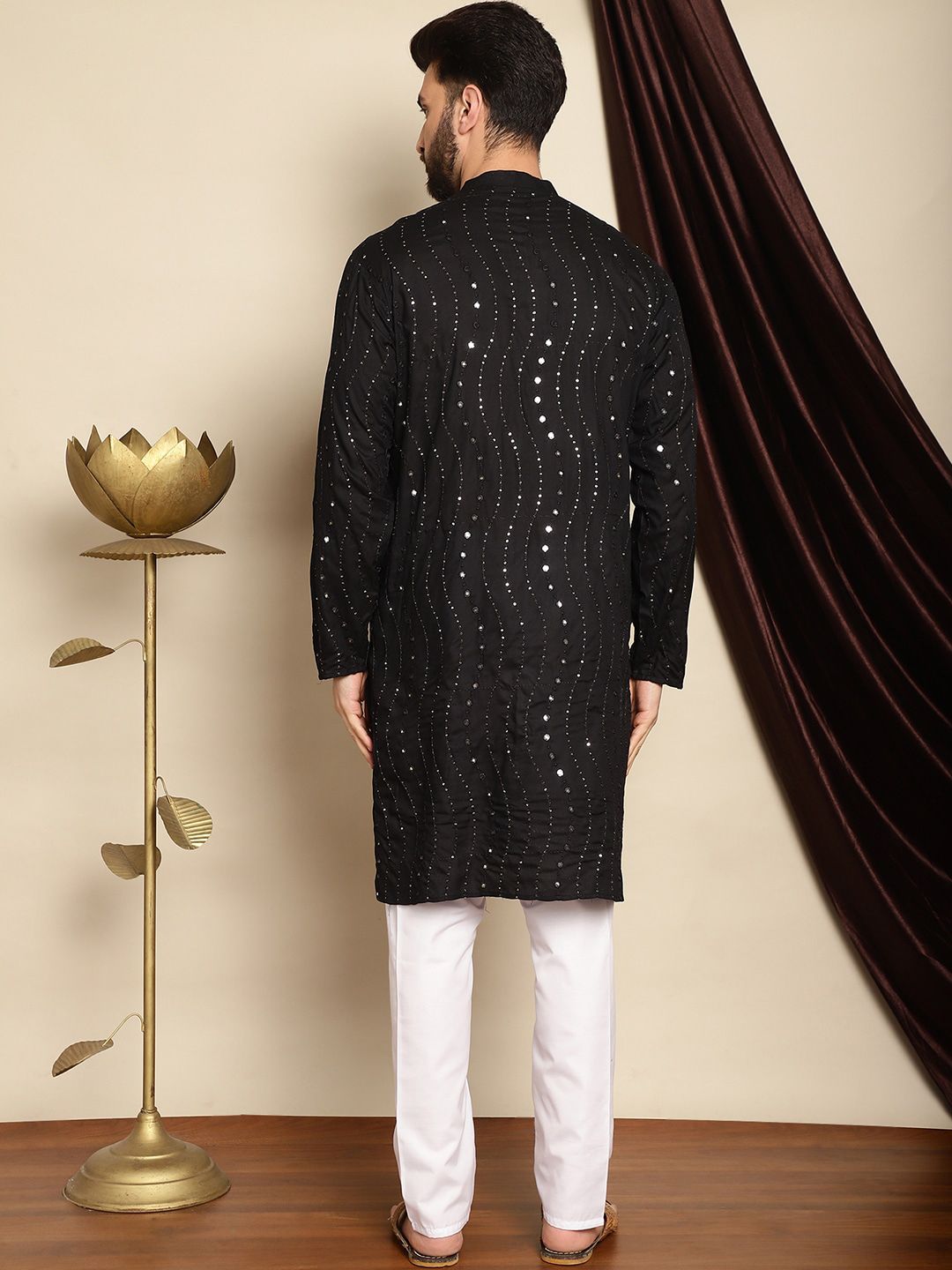 Anouk Black Mandarin Collar Sequinned Pure Cotton Straight Kurta with Pyjamas