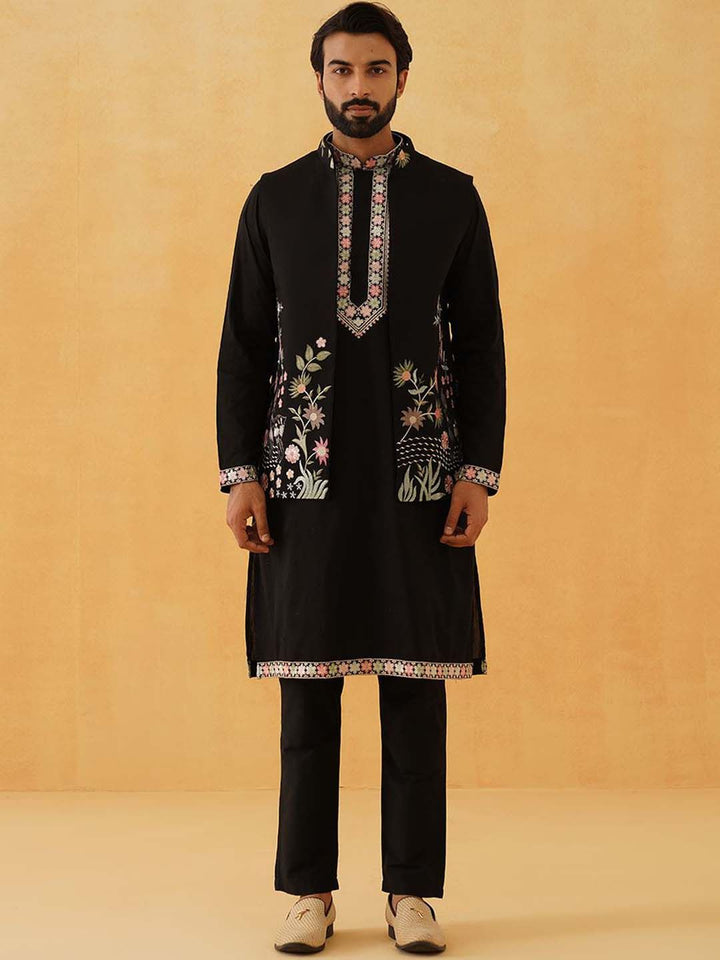 SOJANYA LUXE Floral Yoke Design Thread Work Cotton Silk Kurta With Trousers & Nehru jacket