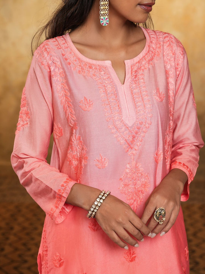 House of Chikankari Women Peach Chanderi Chikankari Embroidered Kurti