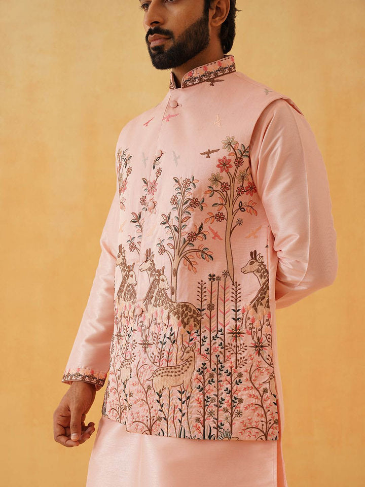 SOJANYA LUXE Thread Work Silk Cotton Straight Kurta with Churidar & Nehru Jacket
