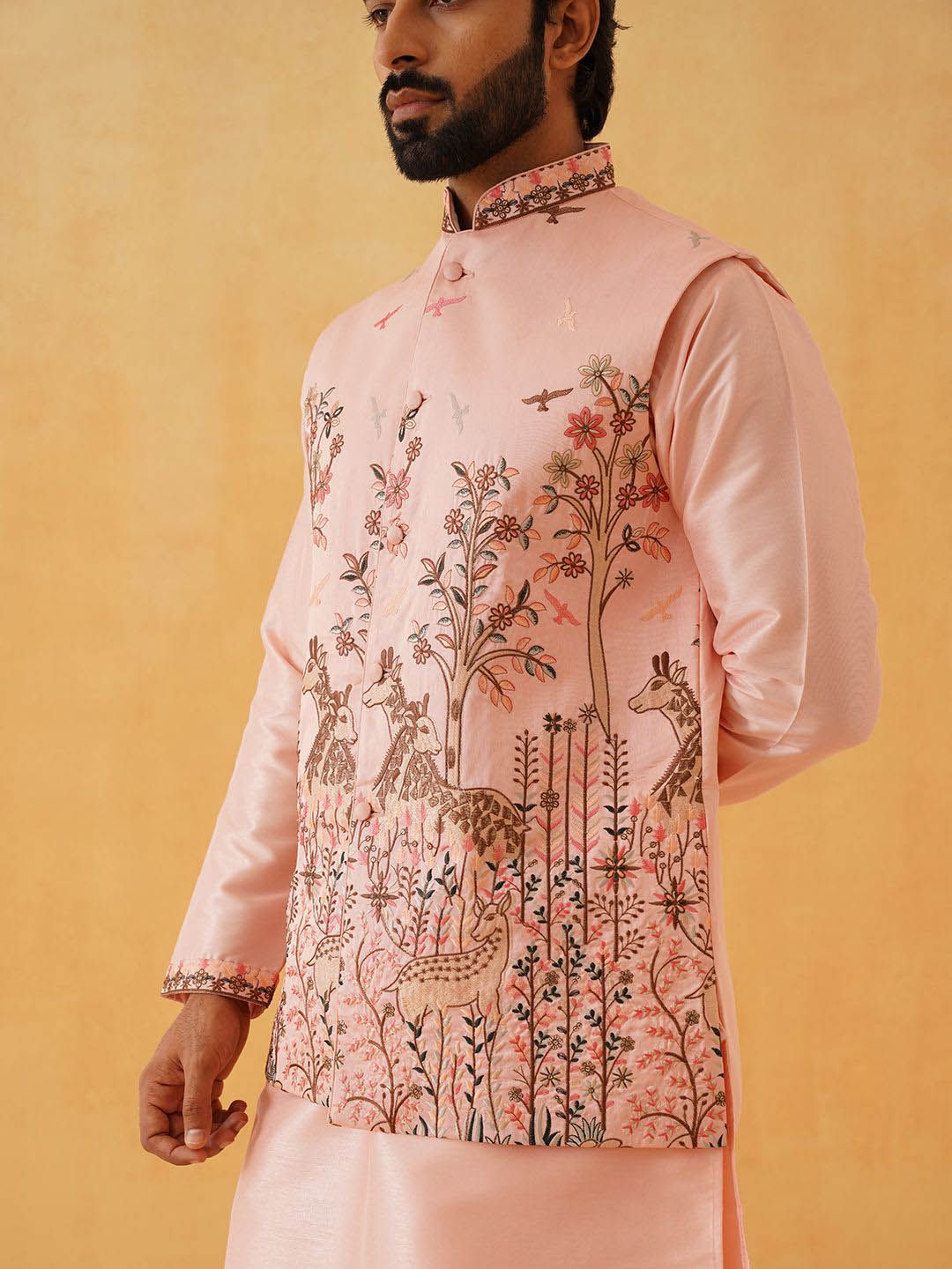 SOJANYA LUXE Thread Work Silk Cotton Straight Kurta with Churidar & Nehru Jacket