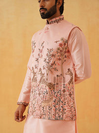 SOJANYA LUXE Thread Work Silk Cotton Straight Kurta with Churidar & Nehru Jacket