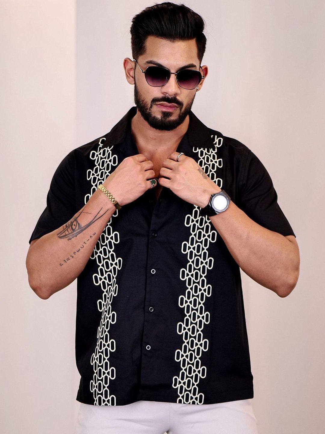 Baju Kasual Kapas Kolar Cuba Eszett Geometric Printed