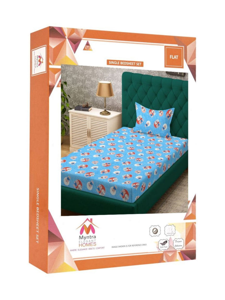 Myntra Elegant Homes Blue Conversational Cotton 400 TC Single Superfine Bedsheet with a Pillow Cover-89 x 59 inches
