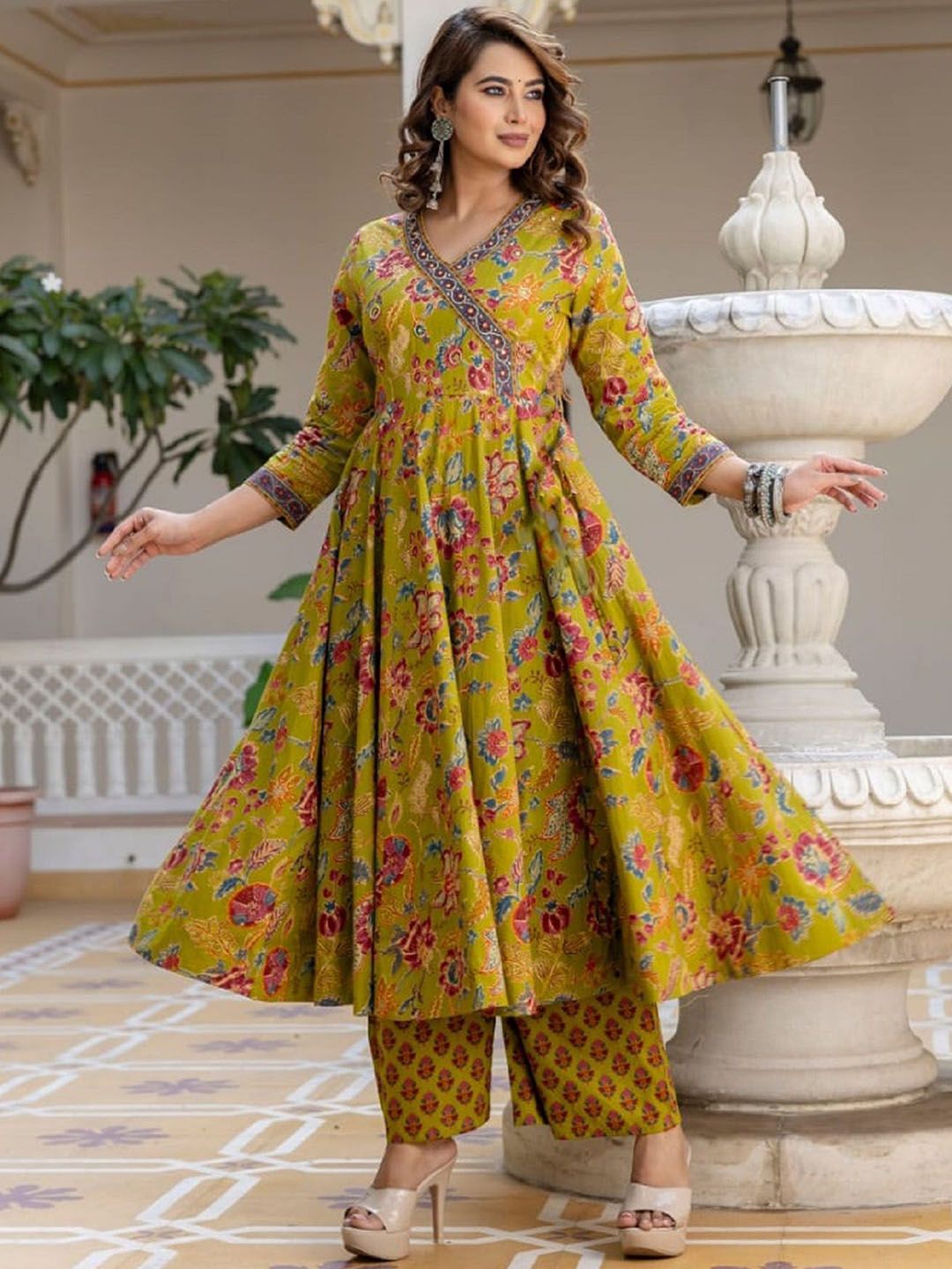 KALINI Women Floral Printed Angrakha Thread Work Kurta with Trousers & With Dupatta