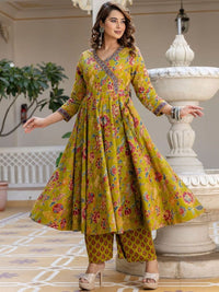 KALINI Women Floral Printed Angrakha Thread Work Kurta with Trousers & With Dupatta