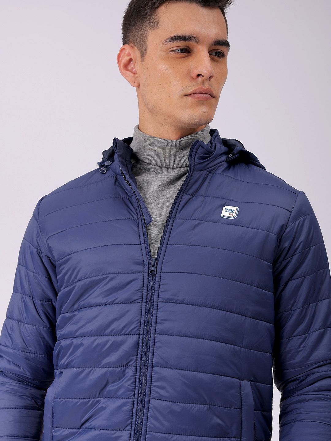 The Indian Garage Co Men Blue Solid Detachable Hood Quilted Jacket