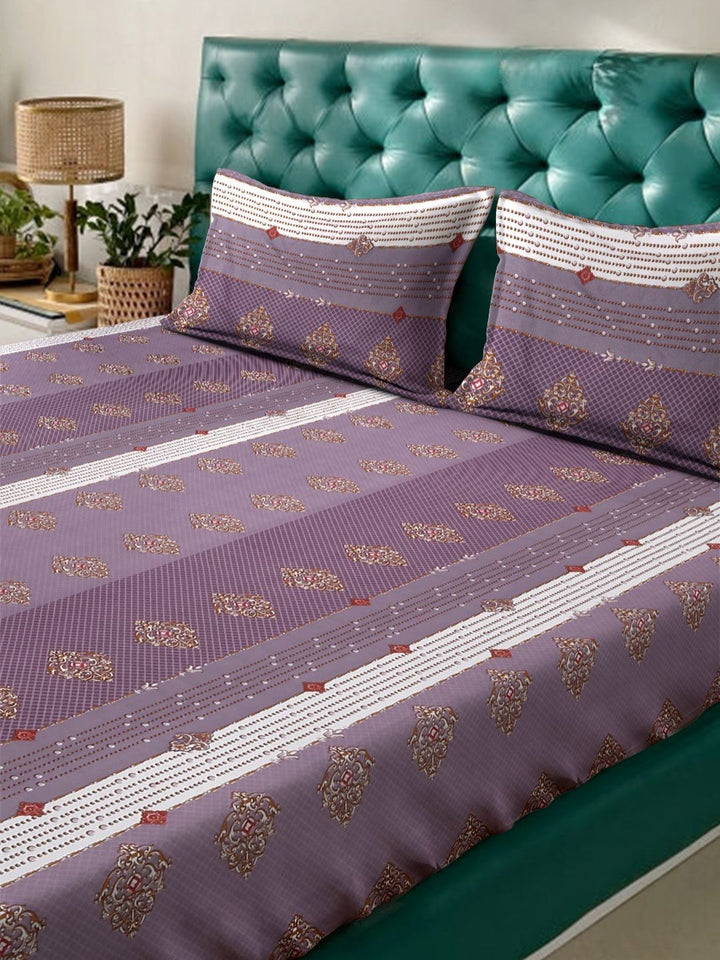 KLOTTHE Jaipuri Purple Ethnic Motifs Cotton 300 TC King Fine Bedsheet with 2 Pillow Covers-250 x 225 cm