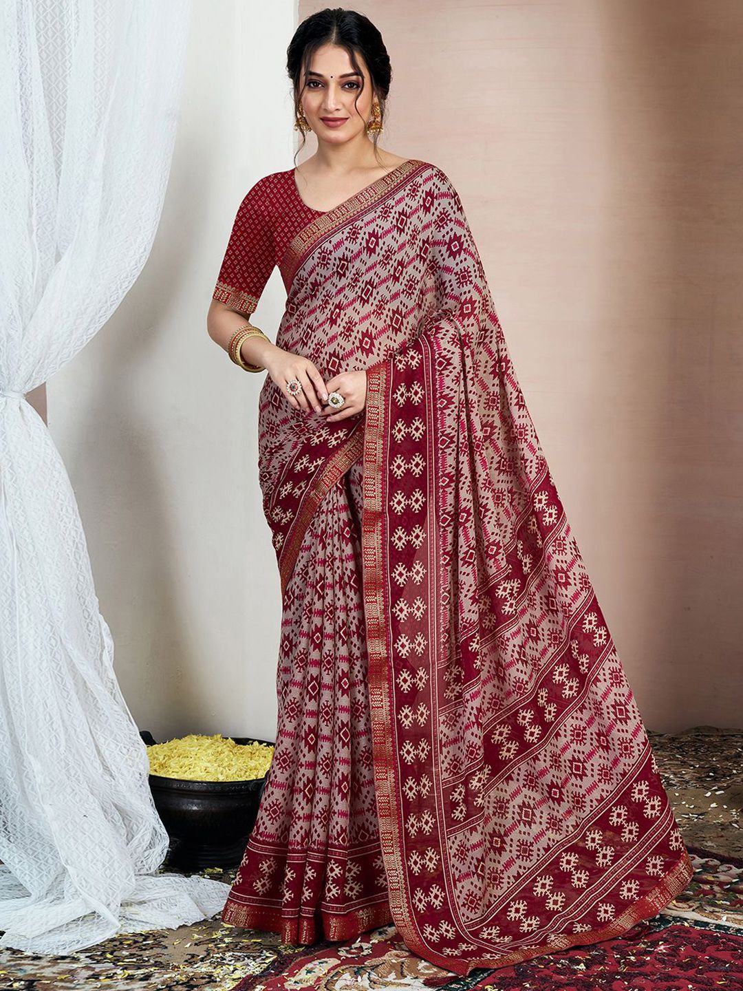 Kalini Zari Pure Chiffon Ikat Saree