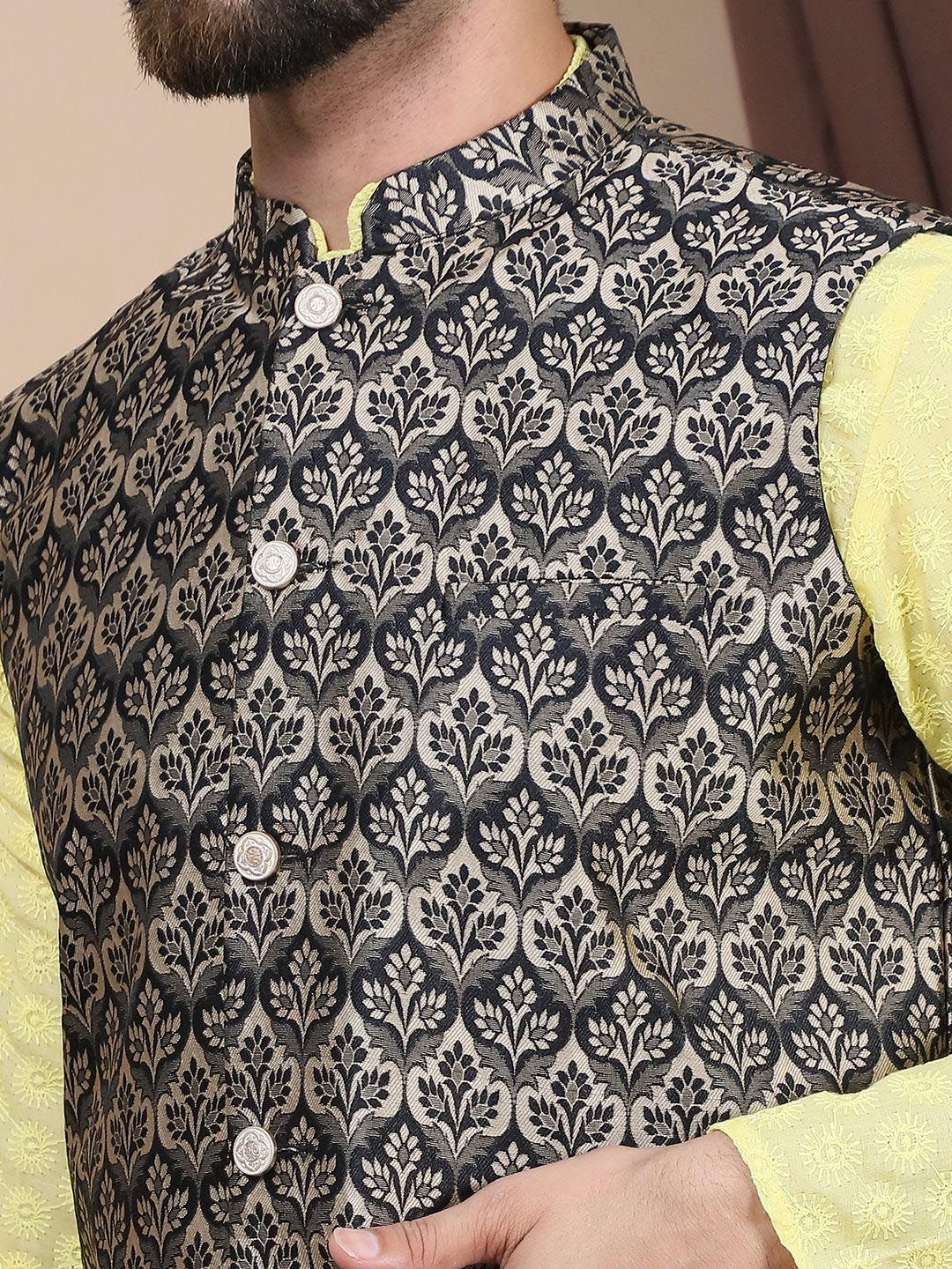 Kurta Lurus Kapas Tulen Sulam Bunga Anouk Dengan Jaket Churidar & Nehru