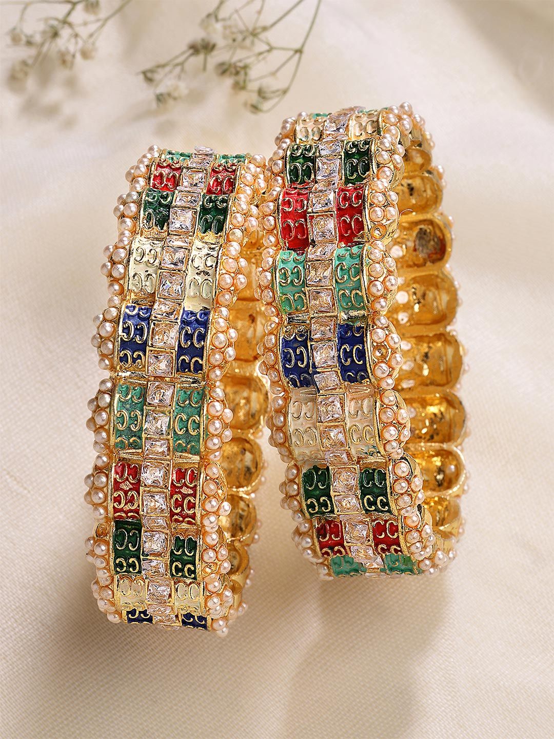 Karatcart Set 2 Gold-Plated & Red Stone Stone Rajwadi Bangle