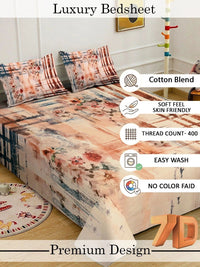 KLOTTHE Beige & Brown Floral Printed Fitted 400 TC King 7D Bedsheet with 2 Pillow Covers