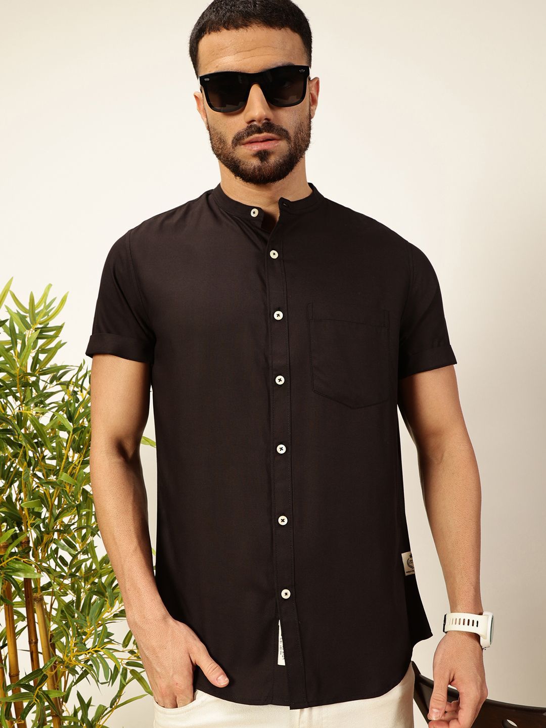 Thomas Scott Men Premium Solid Mandarin Collar Casual Shirt