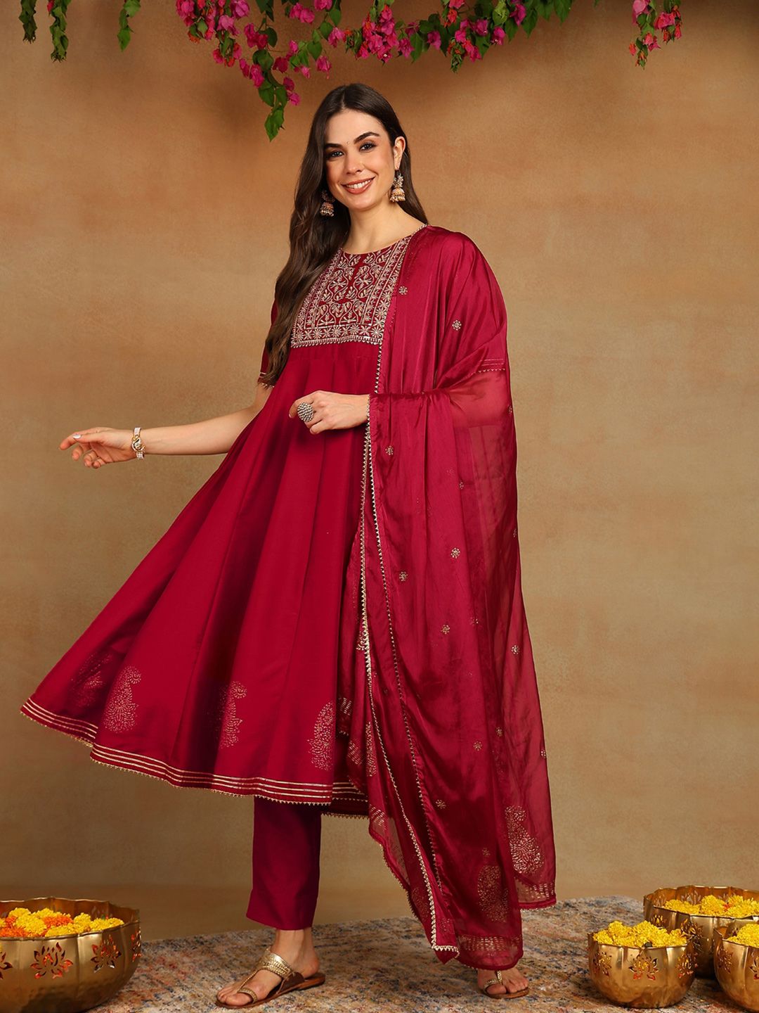 KALINI Ethnic Motifs Yoke Design Thread Work Anarkali Kurta With Trouser & Dupatta