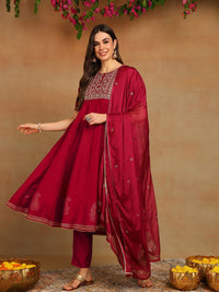 KALINI Ethnic Motifs Yoke Design Thread Work Anarkali Kurta With Trouser & Dupatta