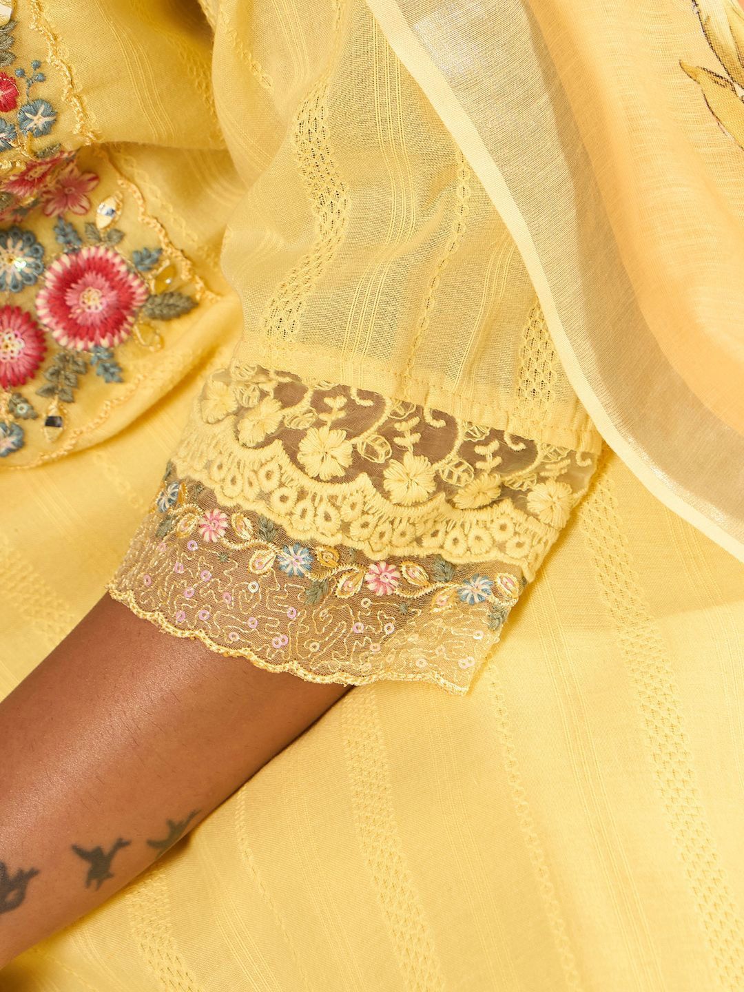 Indo Era Floral Embroidered Thread Work Pure Cotton Straight Kurta With Trousers & Dupatta