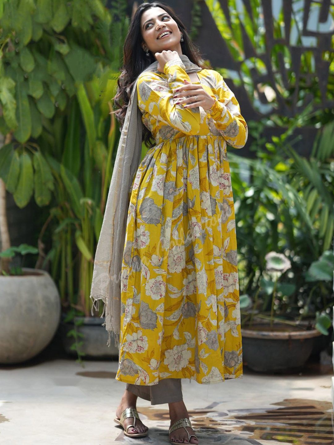 KALINI Floral Printed Anarkali Kurta with Trousers & Dupatta