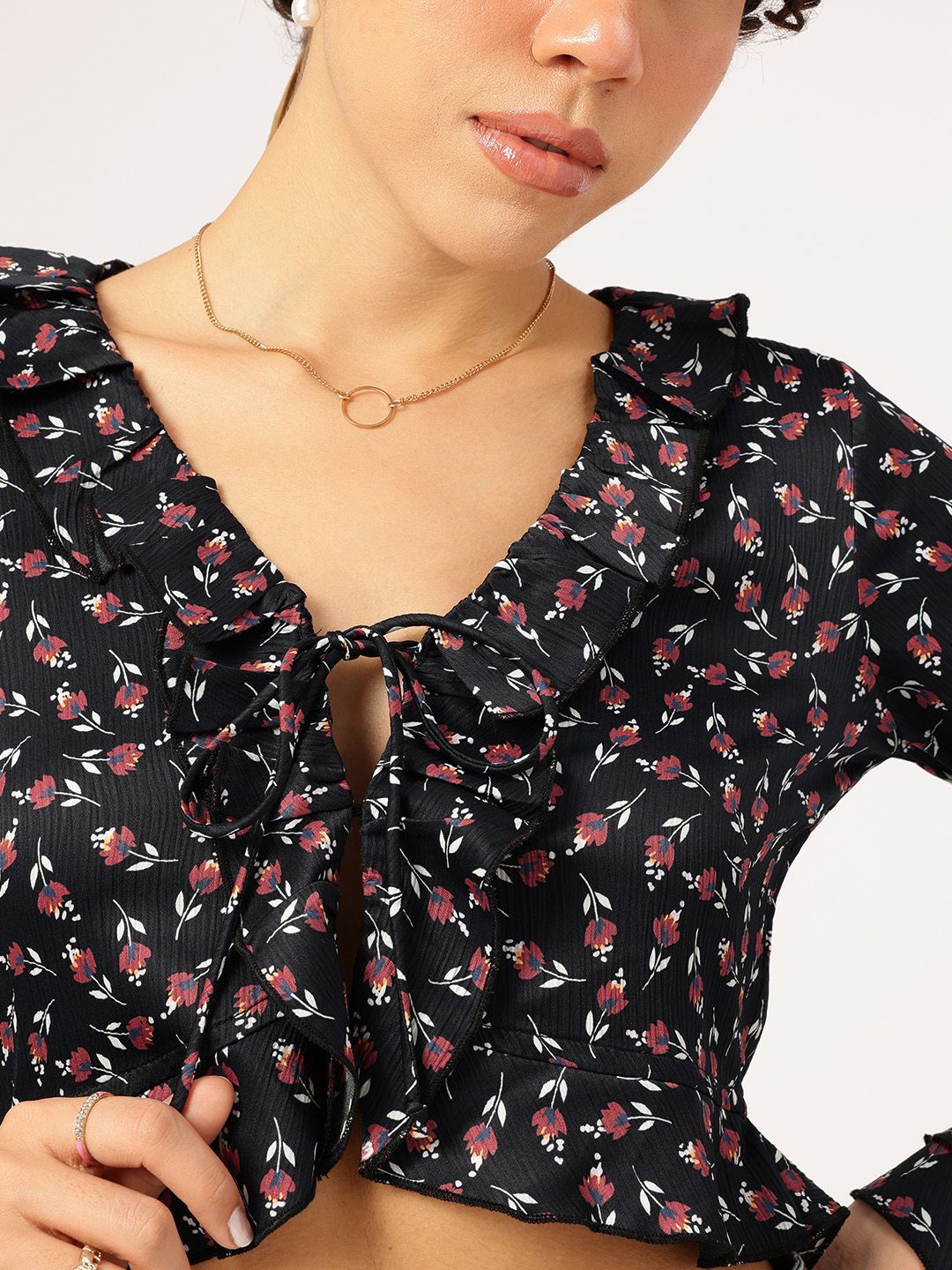 DressBerry Floral Talks Printed Ruffled Crop Top