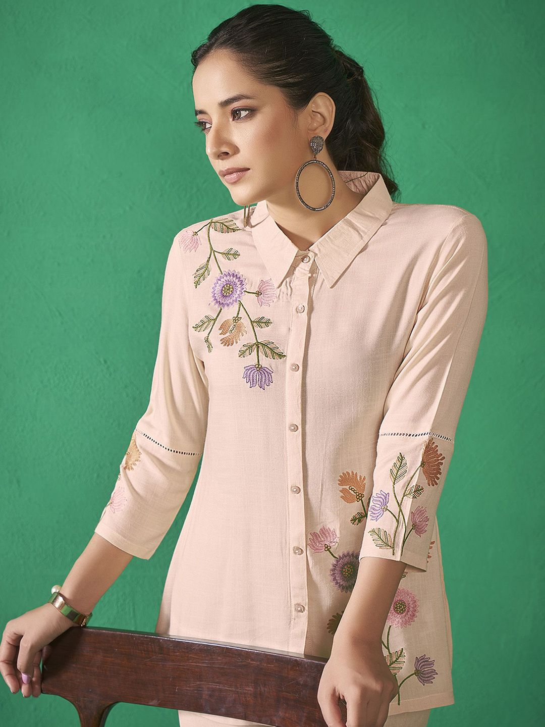 Anouk Beige Shirt Collar Embroidered Liva Shirt & Trouser