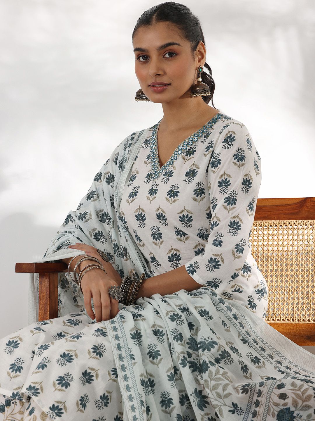 Libas Floral Printed Mirror Work V-Neck Pure Cotton Straight Kurta with Palazzo & Dupatta