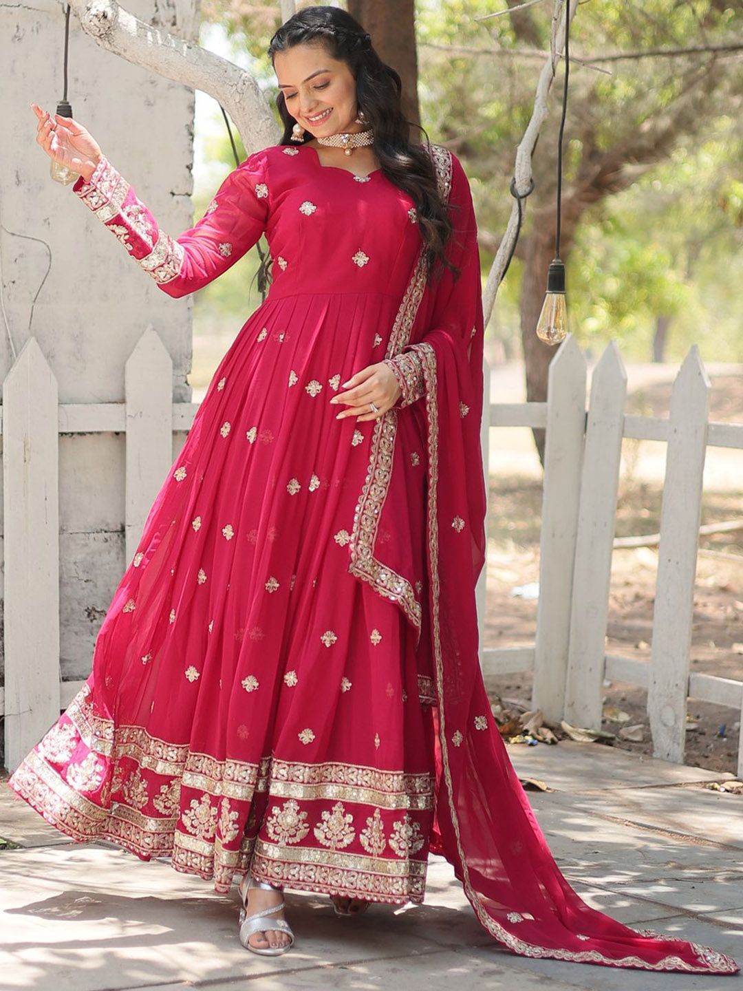 KALINI Embroidered Georgette Anarkali Kurta With Dupatta
