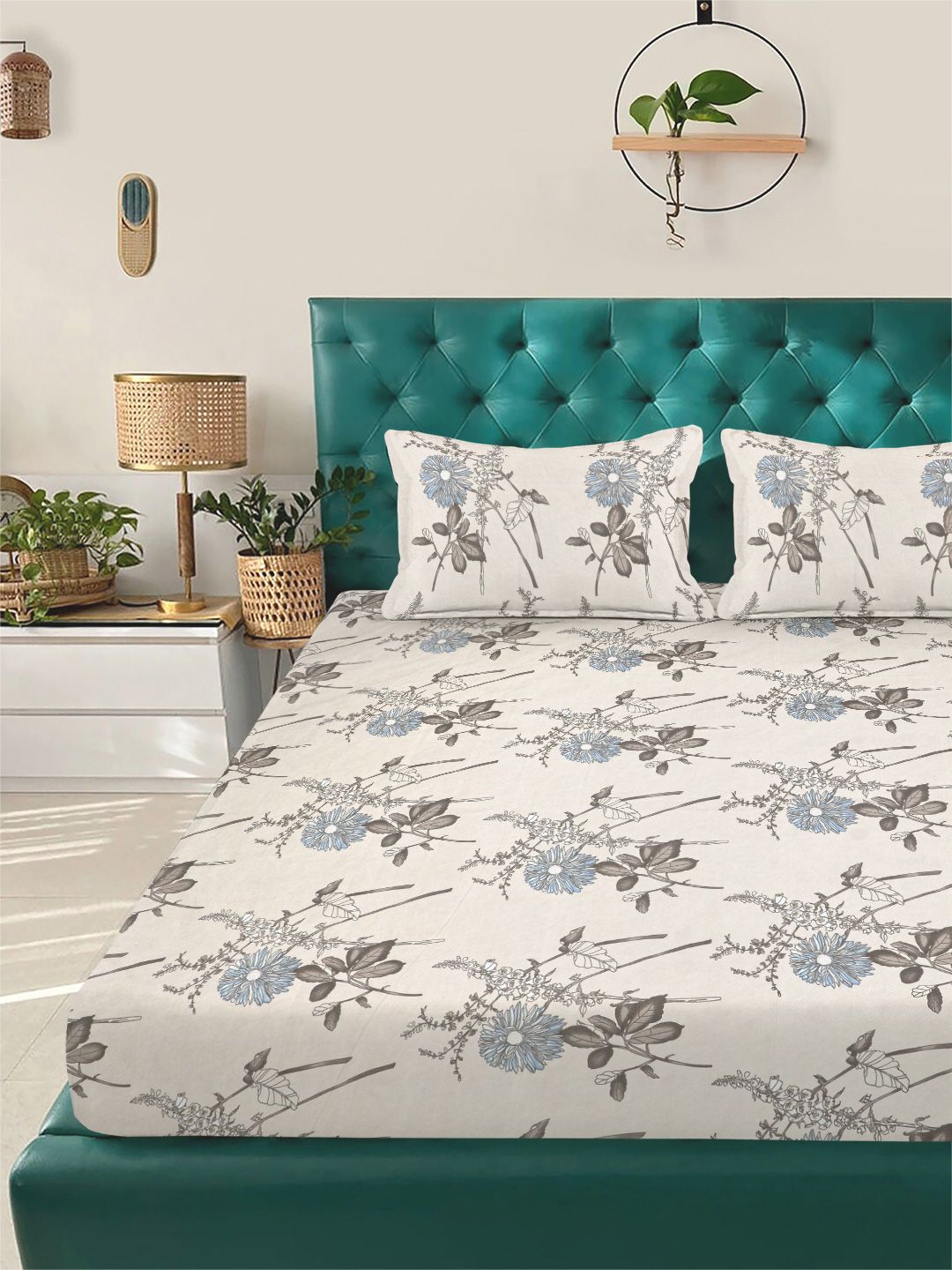 Myntra Elegant Homes Cream Floral Printed Dilengkapi Cadar King 400TC & 2 Sarung Bantal