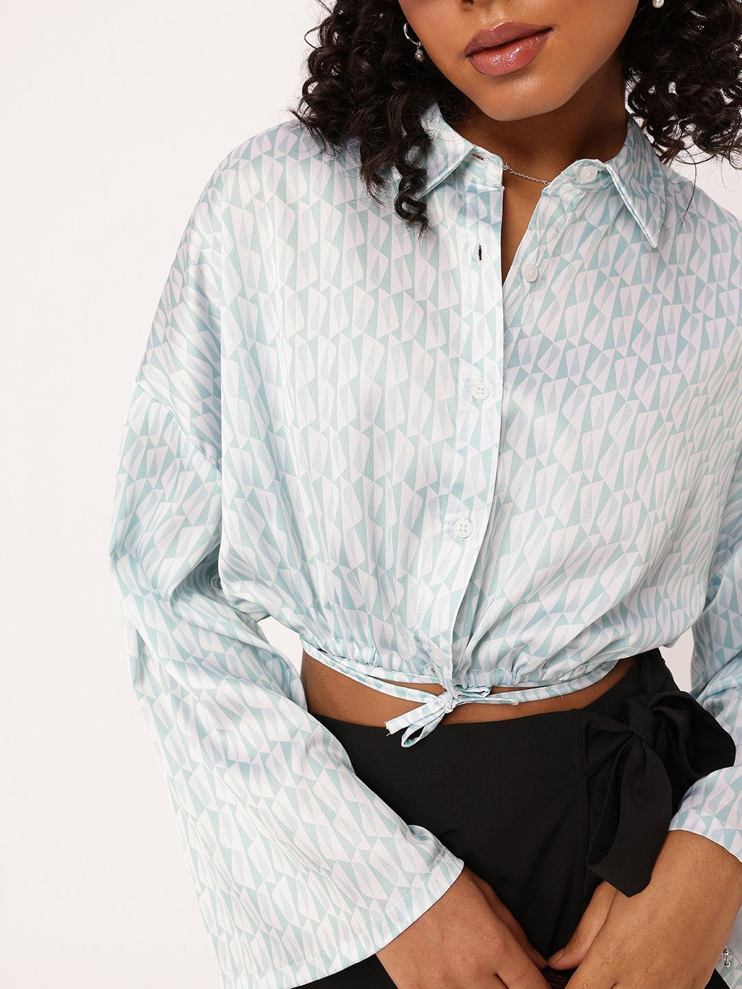 DressBerry Playful Tie-Ups Satiny Glam Blouson Shirt Style Crop Top