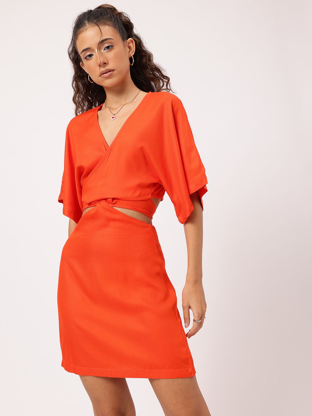 DressBerry Bold & Bright Flared Sleeve Cut-Out Back Tie-Up Wrap Mini Dress
