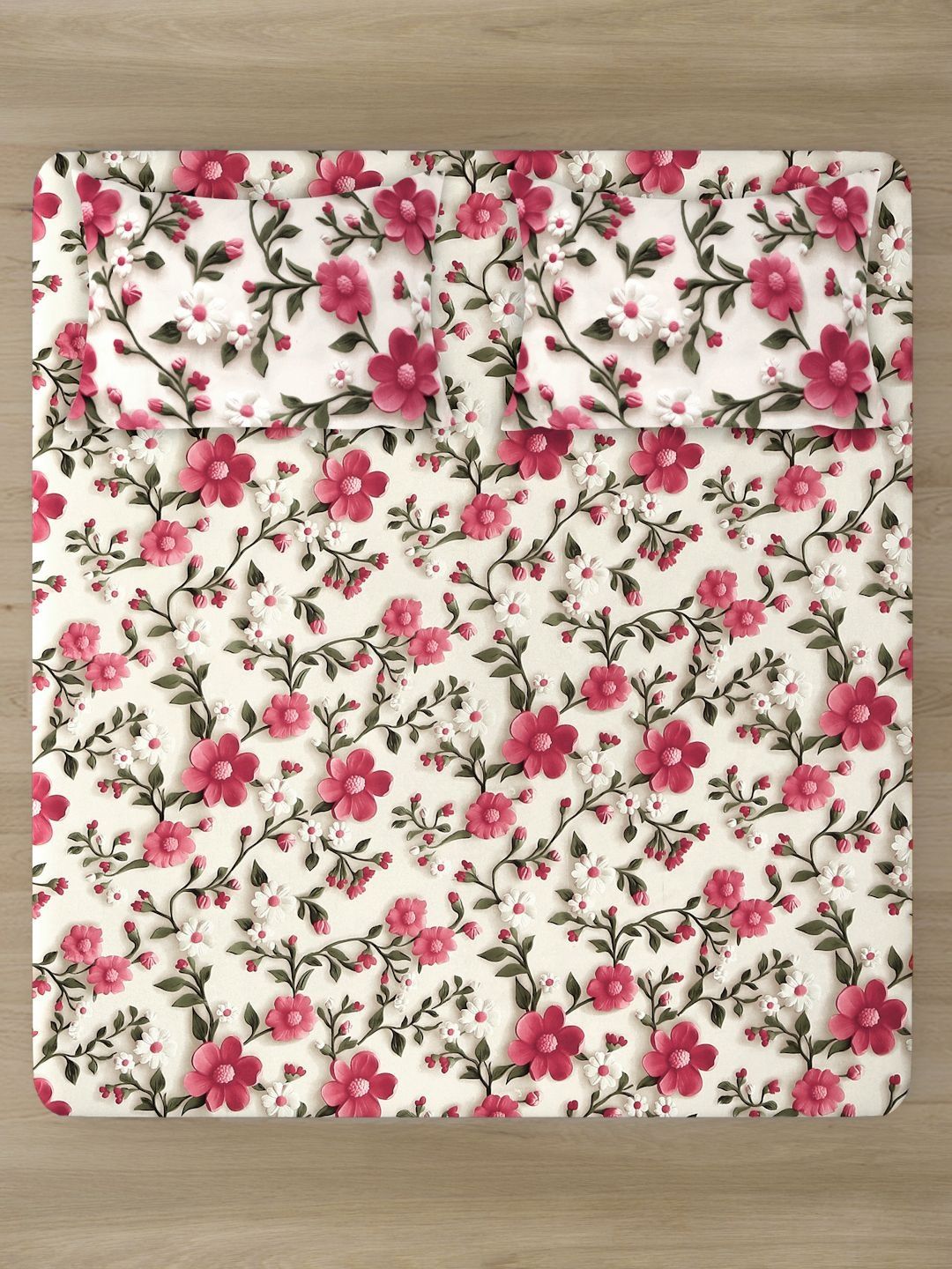 Myntra Elegant White & Pink Printed Flat 300 TC King 7D Bedsheet With 2 Pillow Cover