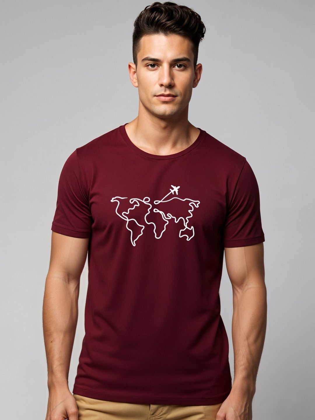 ADRO Wanderlust World Map Graphic Printed Round Neck Skin-Friendly Regular Fit T-shirt
