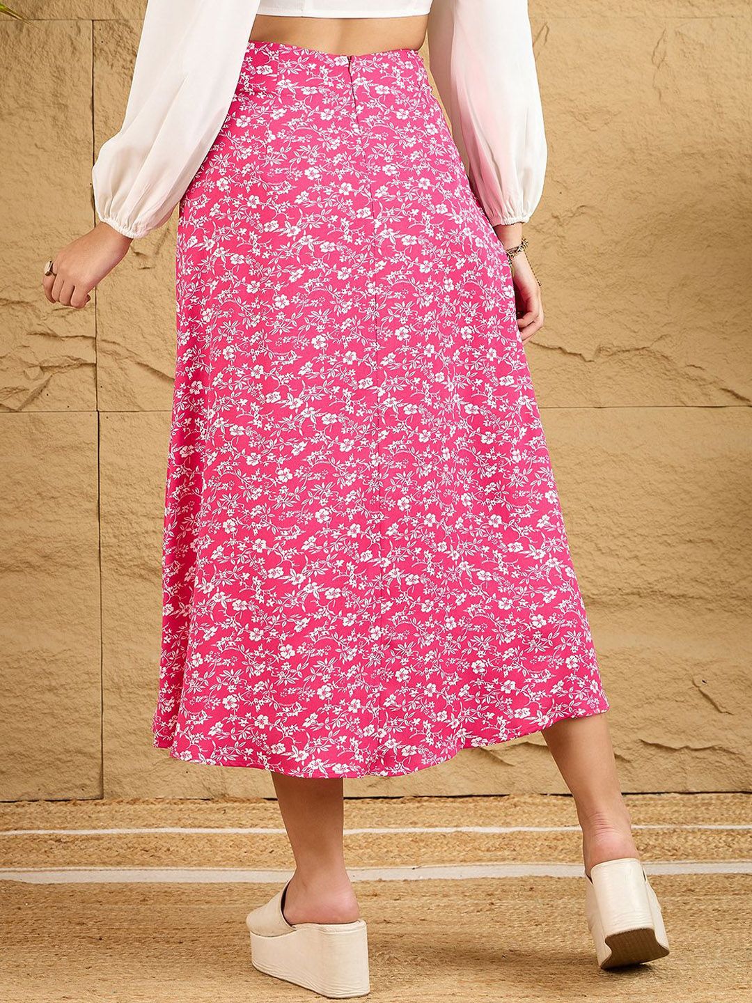 Berrylush Women Floral Print High Waist A-Line Front Slit Midi Skirts