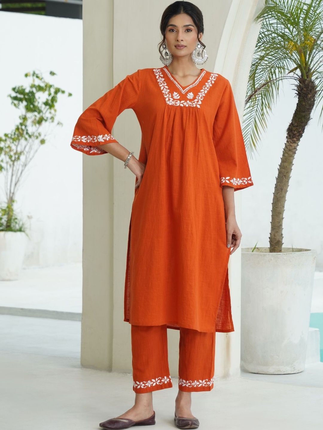 House of Chikankari Wanita 2 Keping Kurta Kapas Tulen Biasa dengan Set Seluar