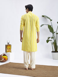 VASTRAMAY Men Yellow Ethnic Motifs Embroidered Chikankari Pure Cotton Kurta with Patiala