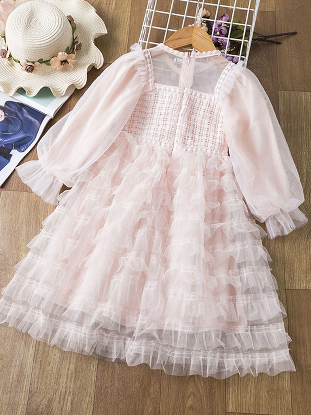 YK Girls Solid Puff Sleeve Fit & Flare Dress
