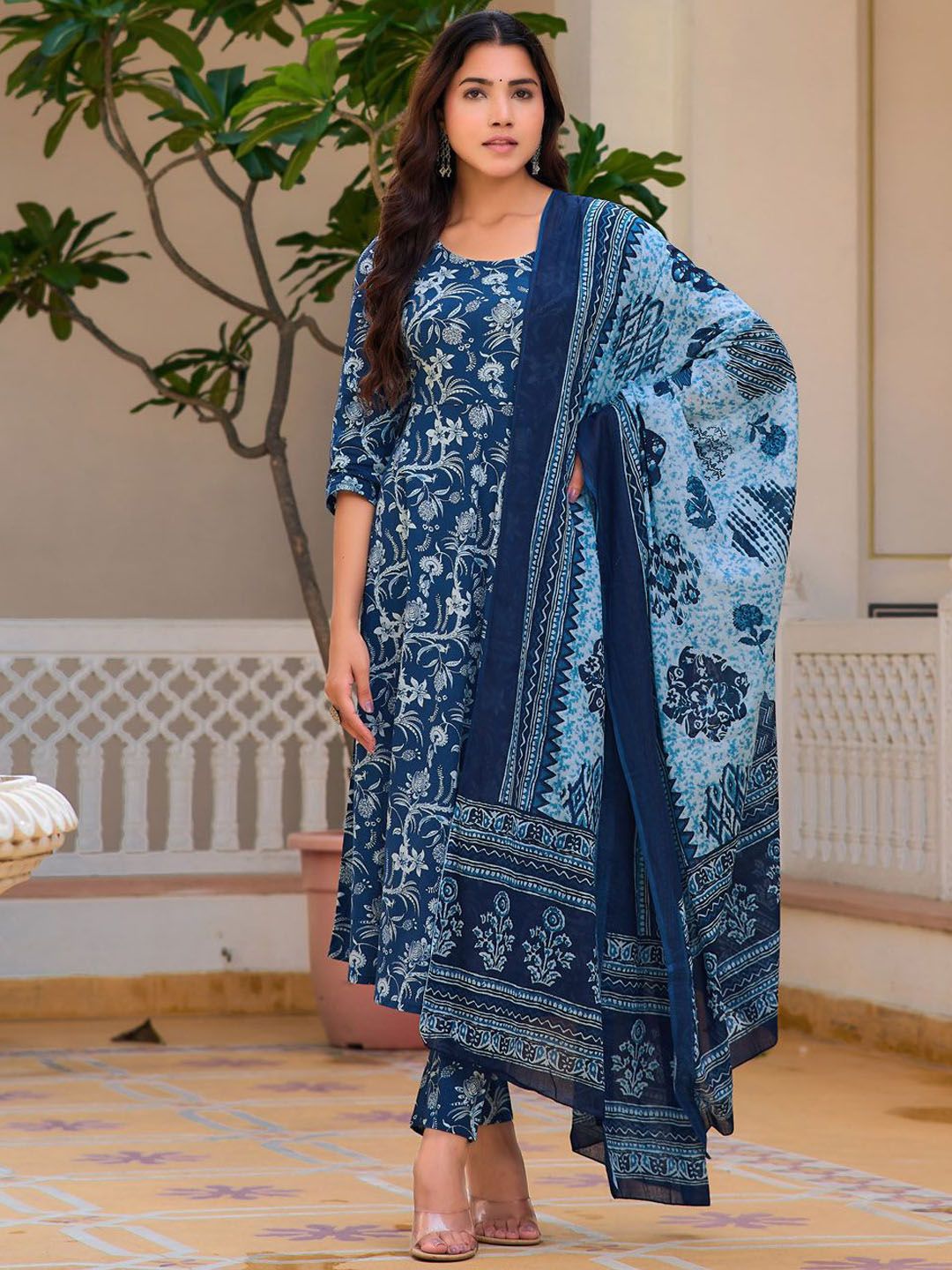 KALINI Floral Printed Straight Pure Cotton Kurta with Trousers & Dupatta