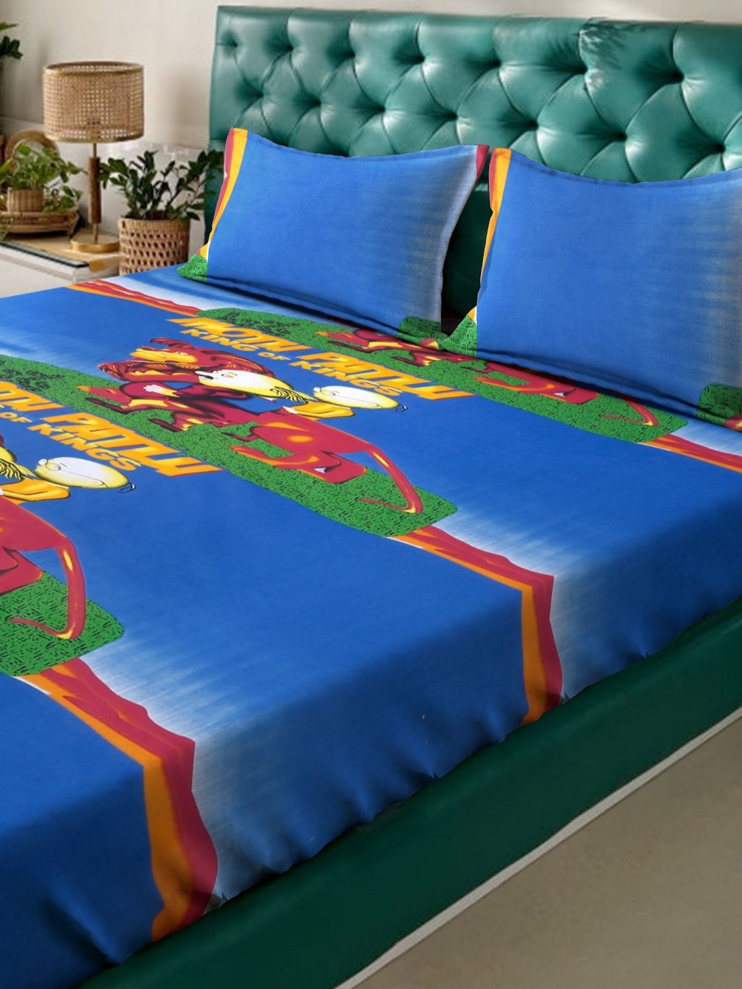 KLOTTHE  Blue and Brown Cartoon Printed Flat 400 TC Cotton King Bedsheet With 2 Pillow Covers