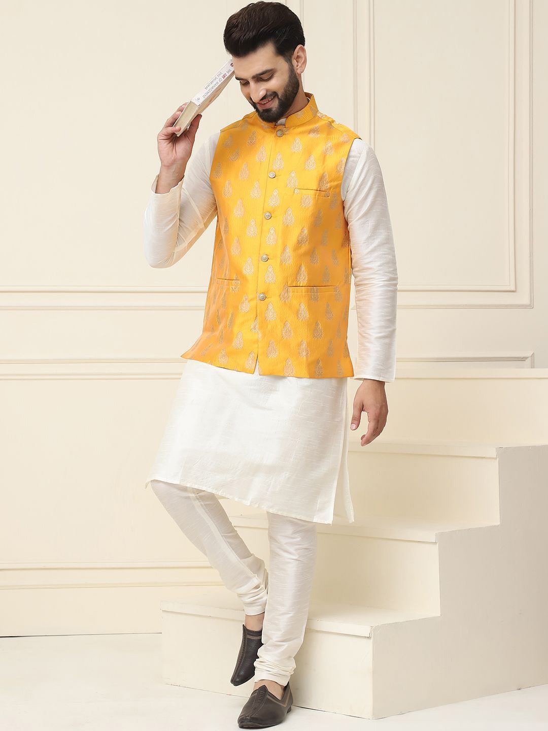 SOJANYA Mandarin Collar Silk Cotton Straight Kurta with Churidar & Nehru jacket