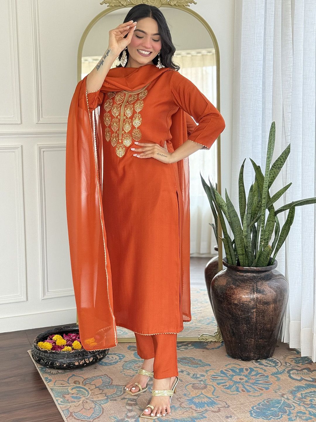 KALINI Women Ethnic Motifs Embroidered Thread Work Pure Silk Kurta with Trousers & Dupatta