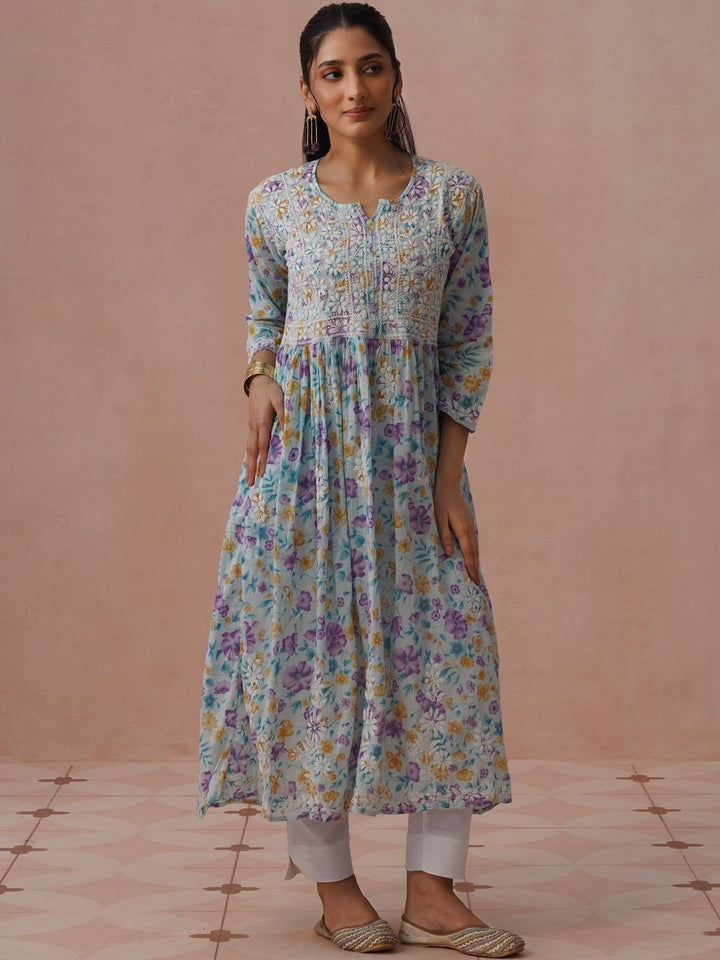 Pakaian Maxi A-Line Cetak Bunga Rumah Chikankari